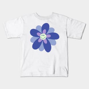 Bright and Cheerful Flower Smiley Face - blue Kids T-Shirt